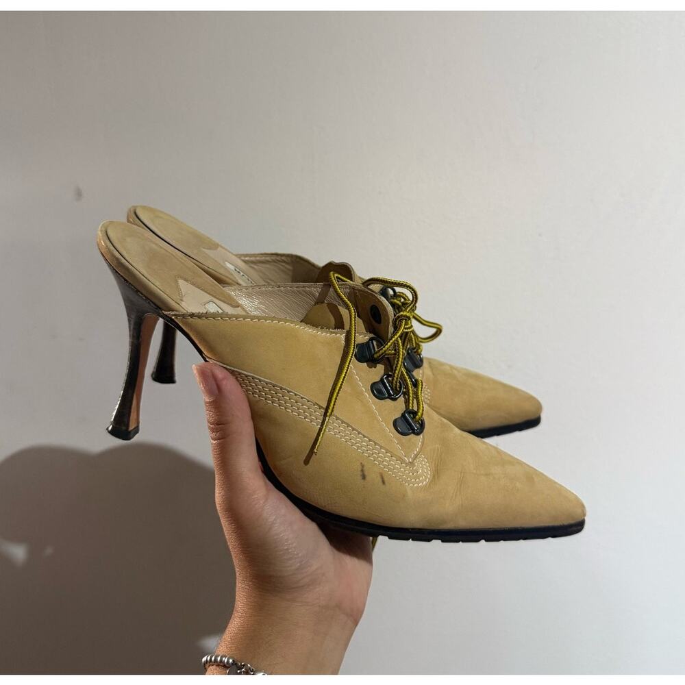 Manolo Blahnik y2k Oklamod Tan Nubuck Timberland Lace Up Mule Heels 38 - Picture 2 of 11